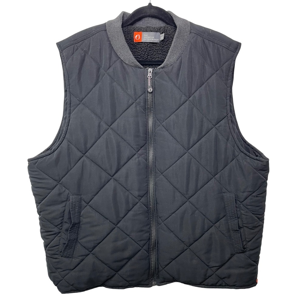 Men American Outdoorsman XXL Black Quilted Vest Fleece Lined Pockets Trail‎ Gorp